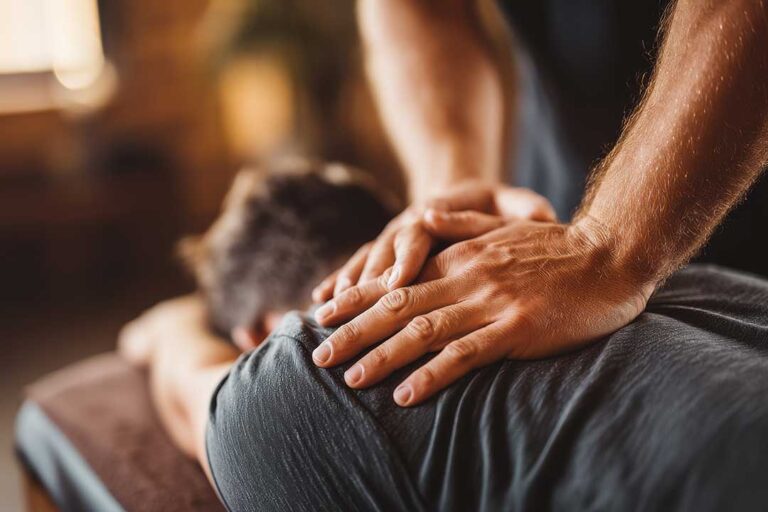 Patient discussing back pain with a clinician beside an examination table and anatomy chart.